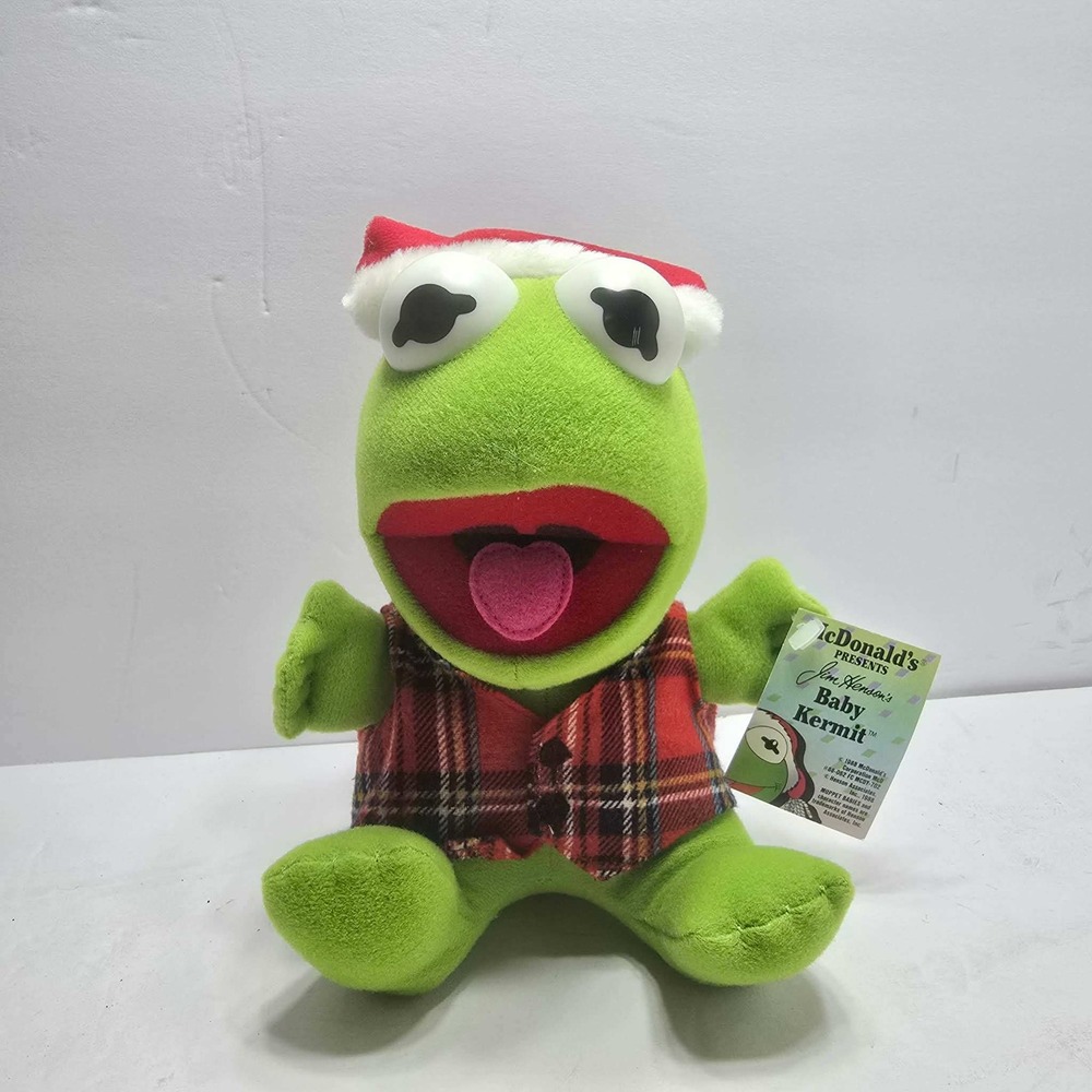 Vintage 1988 McDonald's Muppet Babies Baby Kermit Plush Santa Hat Plaid Vest NWT